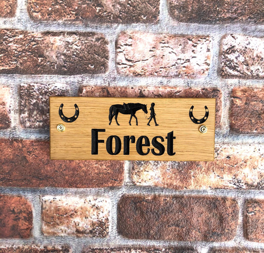 Personalised Horse Stable/Stall Name Sign - with Horse & Girl - OAK