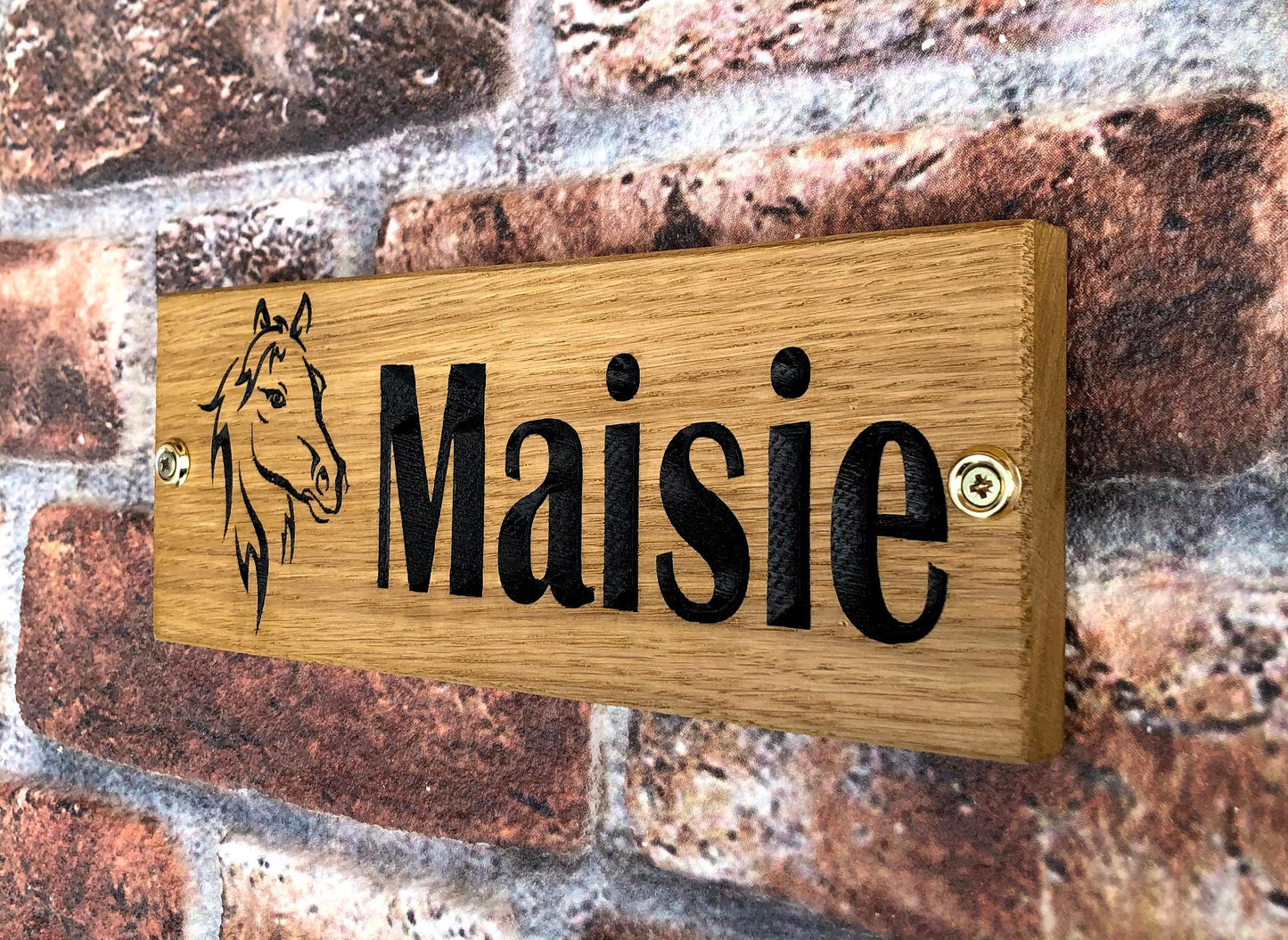 Personalised Horse Stable/Stall Name Sign - with Horse Head - Britannic Bold - OAK