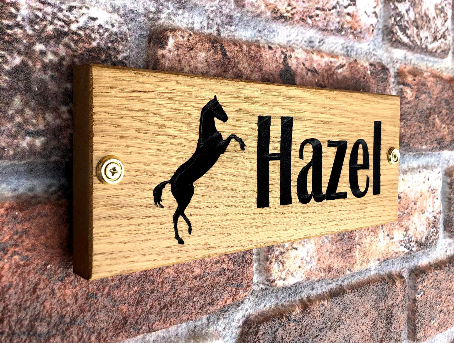 Personalised Horse Stable/Stall Name Sign - with Prancing Horse - Britannic Bold - OAK
