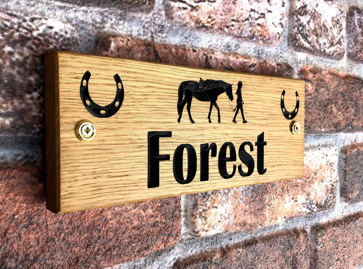 Personalised Horse Stable/Stall Name Sign - with Horse & Girl - OAK