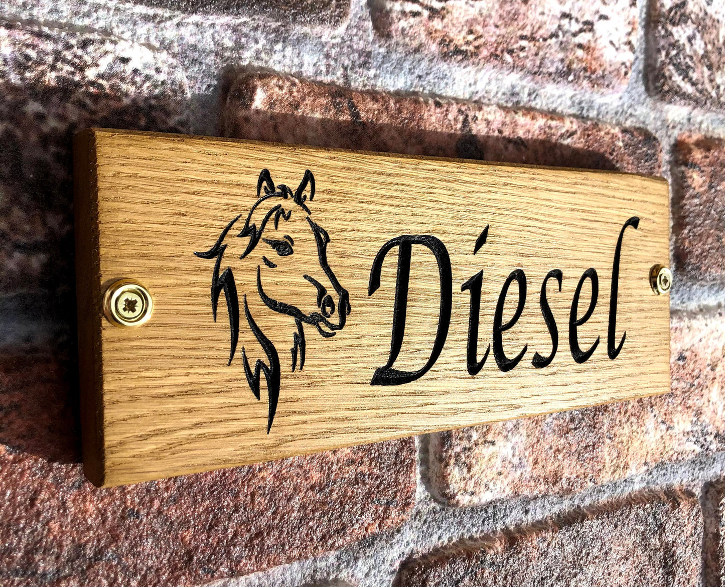Personalised Horse Stable/Stall Name Sign - with Horse Head - Lucida Caligraphy - OAK
