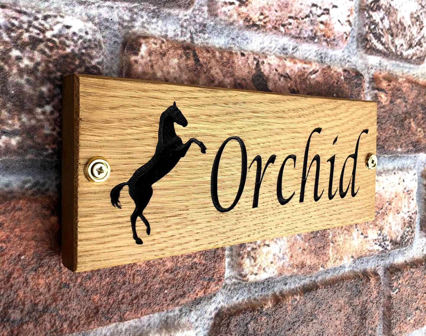 Personalised Horse Stable/Stall Name Sign - with Prancing Horse - Lucida Caligraphy - OAK