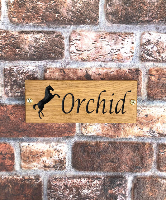 Personalised Horse Stable/Stall Name Sign - with Prancing Horse - Lucida Caligraphy - OAK