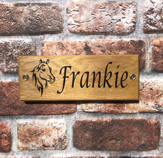 Personalised Horse Stable/Stall Name Sign - with Horse Head - Lucida Caligraphy - OAK