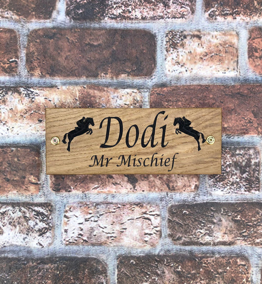 Personalised Horse Stable/Stall Name Sign with Jumping Horses - Lucida Caligraphy - OAK