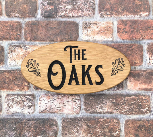 Solid Oak Oval Engraved Hardwood House Sign 380mm x 170mm x 20mm, Personalised Carved Home Name Plate Plaque