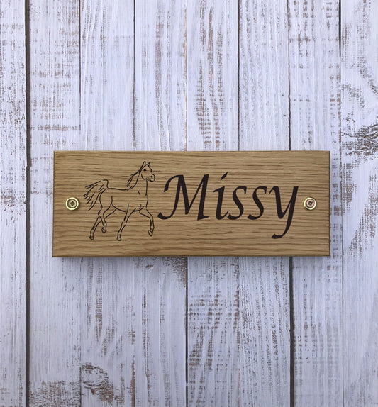 Personalised Horse Stable/Stall Name Sign - with Arabian Horse - Lucida Caligraphy - OAK - Laser Engraved