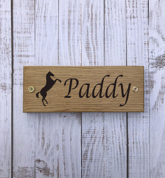 Personalised Horse Stable/Stall Name Sign - with Rearing Horse - Lucida Caligraphy - OAK - Laser Engraved