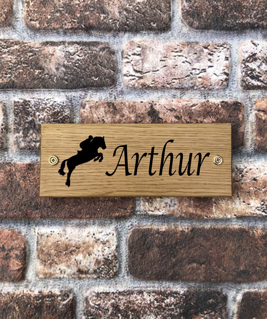 Personalised Horse Stable/Stall Name Sign - with Jumping Horse - Lucida Caligraphy - OAK
