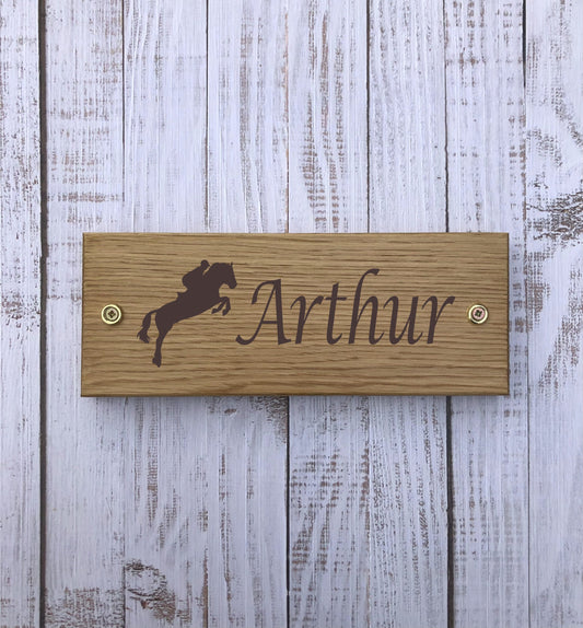 Personalised Horse Stable/Stall Name Sign - with Jumping Horse - Lucida Caligraphy - OAK - Laser Engraved